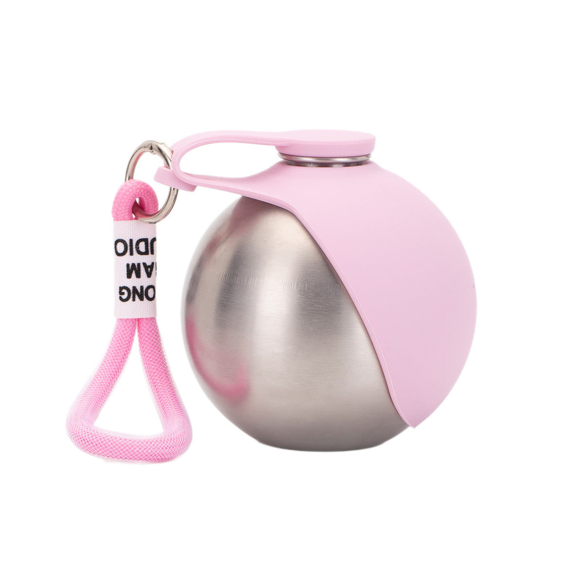 The pink bottle on white, showing the brushed stainless body, silicone cap and clip-on wrist strap